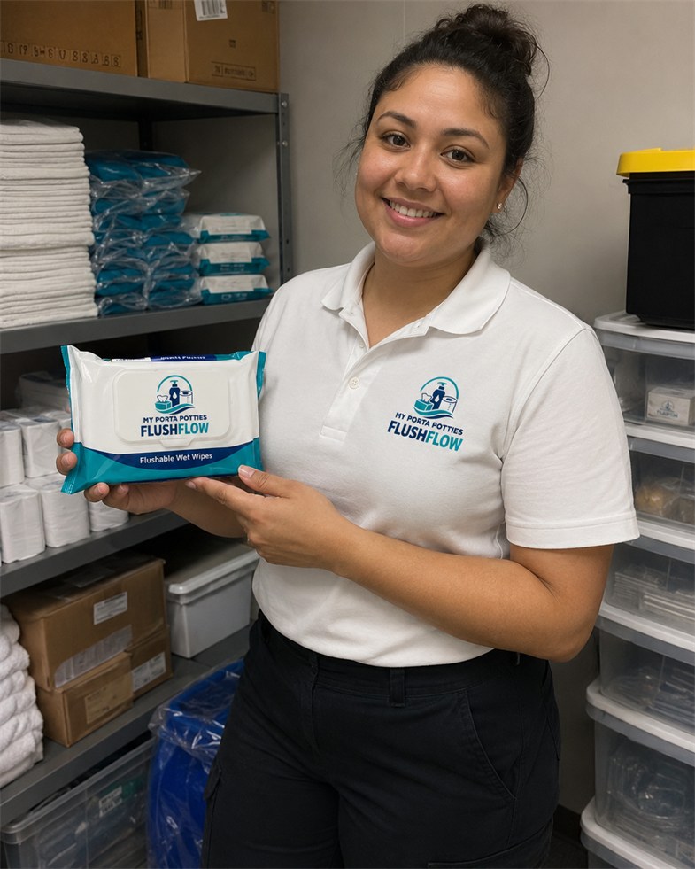 Store staff member holding a pack of own-label flushable wet wipes in the stockroom