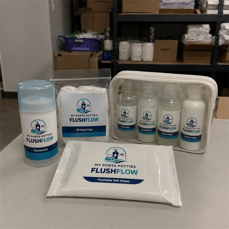 Own-label deodorant, shower cap, wet wipes and a zip pouch of travel-size toiletries