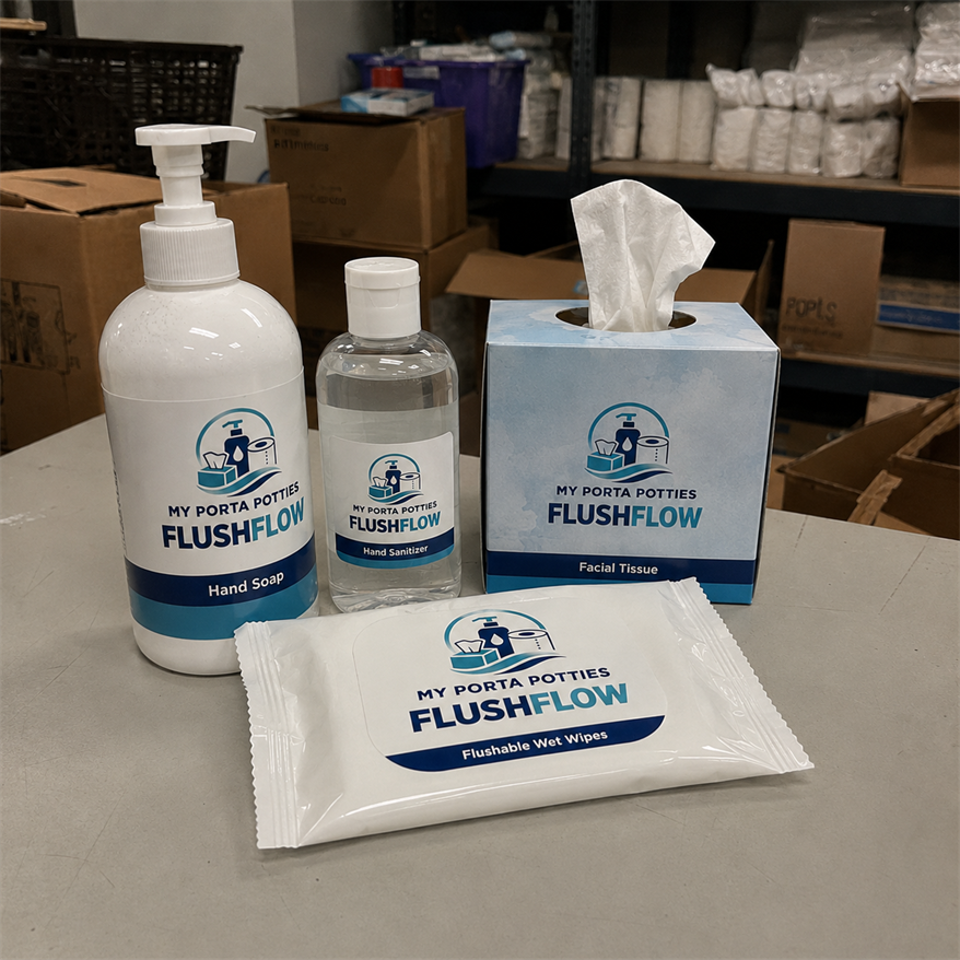 My Porta Potties Flushflow hygiene kit with hand-care and restroom essentials