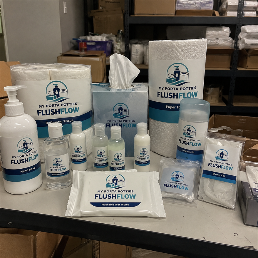 My Porta Potties Flushflow labeled toiletries, wipes, tissues, paper towels, and hand-care products