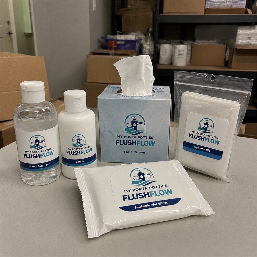 Own-label hand sanitizer, lotion, facial tissues, flushable wet wipes and a sealed hygiene kit